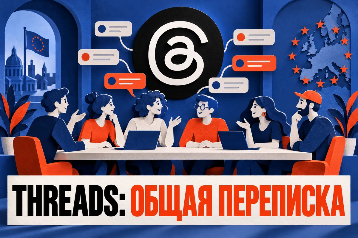 Логотип Threads и надпись «THREADS: ОБЩАЯ ПЕРЕПИСКА» на постере новости