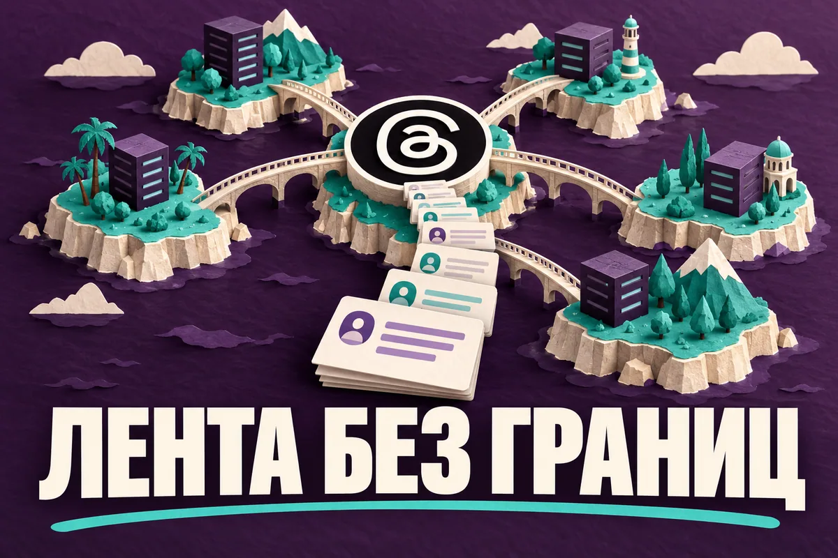 Логотип Threads и надпись «ЛЕНТА БЕЗ ГРАНИЦ» на постере новости