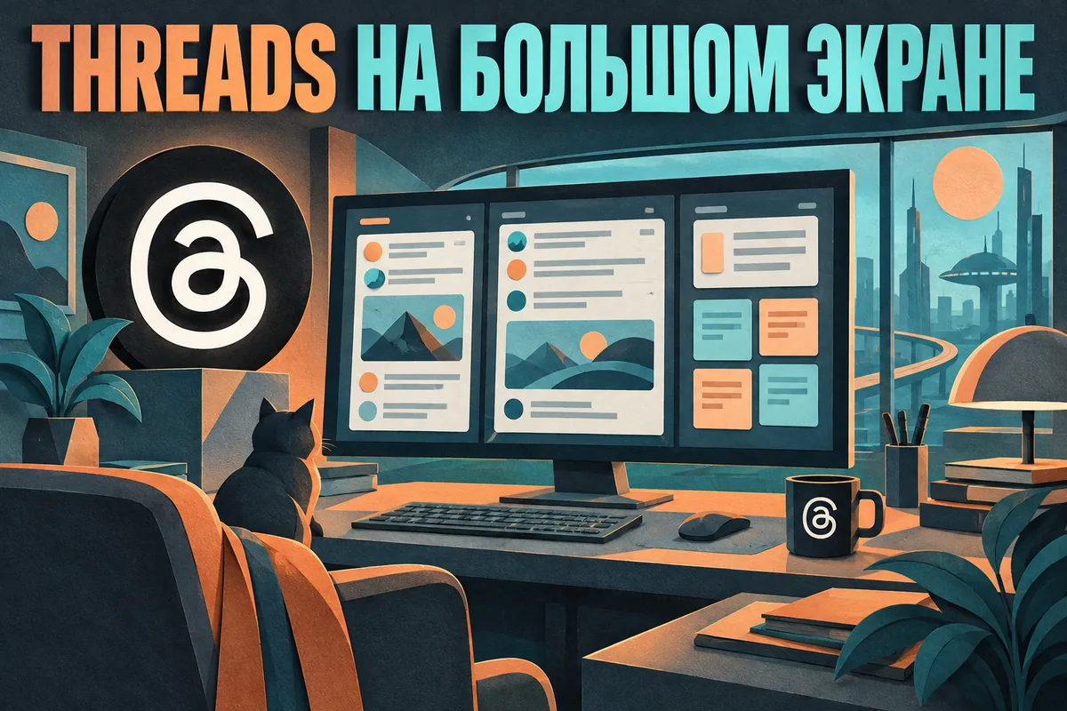 Логотип Threads и надпись «THREADS НА БОЛЬШОМ ЭКРАНЕ» на постере новости