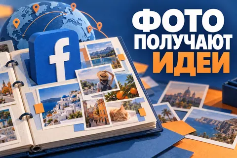 Логотип Facebook и надпись «ФОТО ПОЛУЧАЮТ ИДЕИ» на постере новости