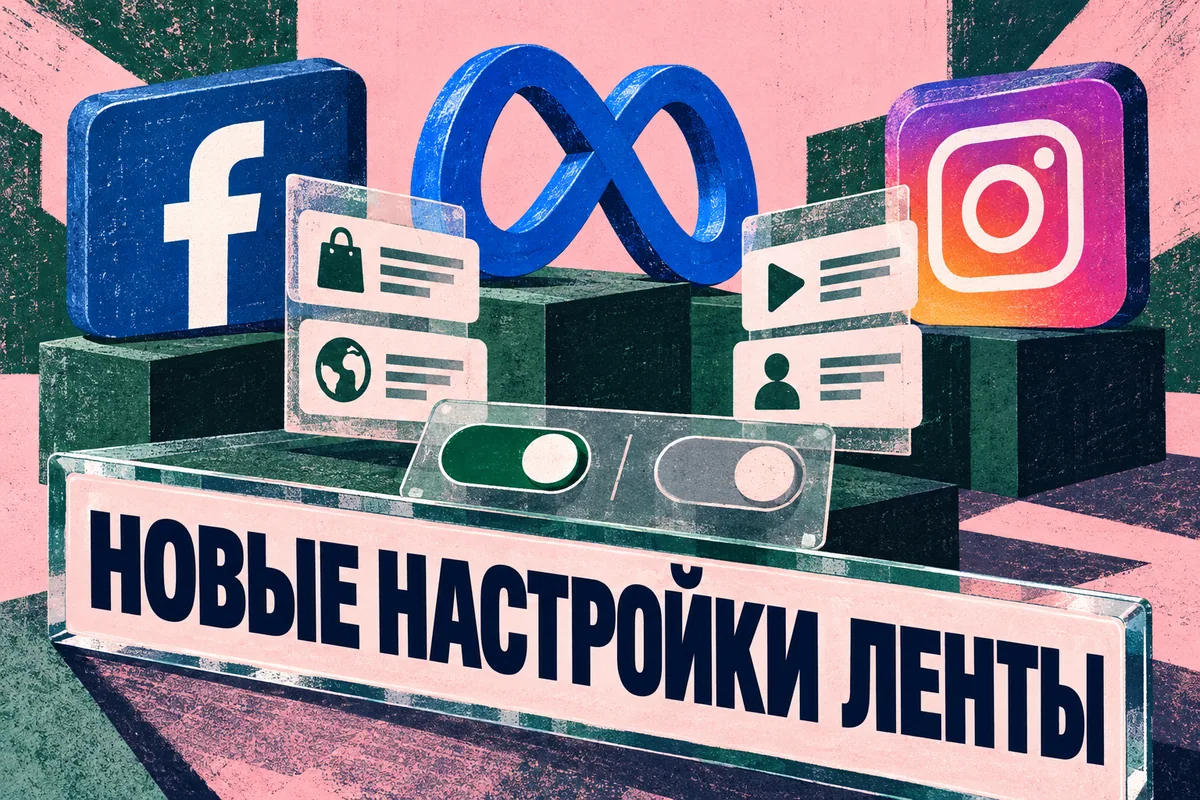 Логотип Meta, Facebook, Instagram и надпись «НОВЫЕ НАСТРОЙКИ ЛЕНТЫ» на постере новости