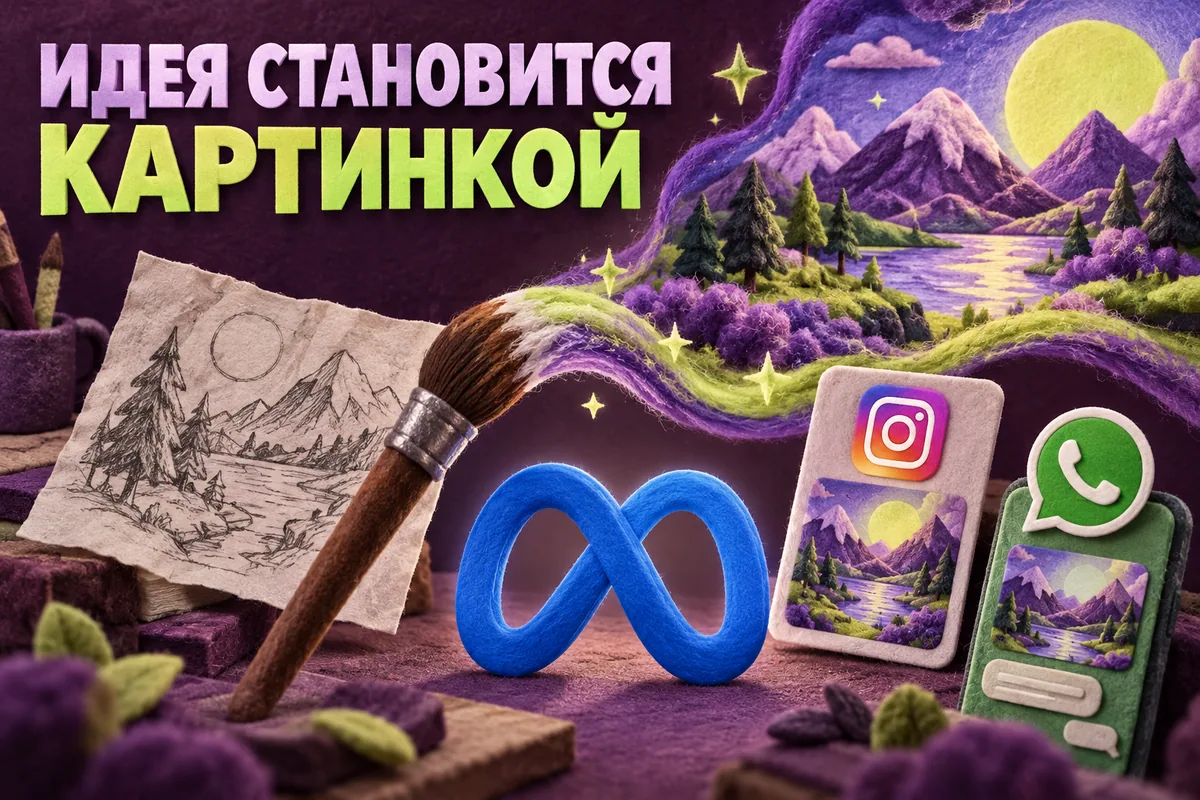 Логотип Meta, Instagram, WhatsApp и надпись «ИДЕЯ СТАНОВИТСЯ КАРТИНКОЙ» на постере новости