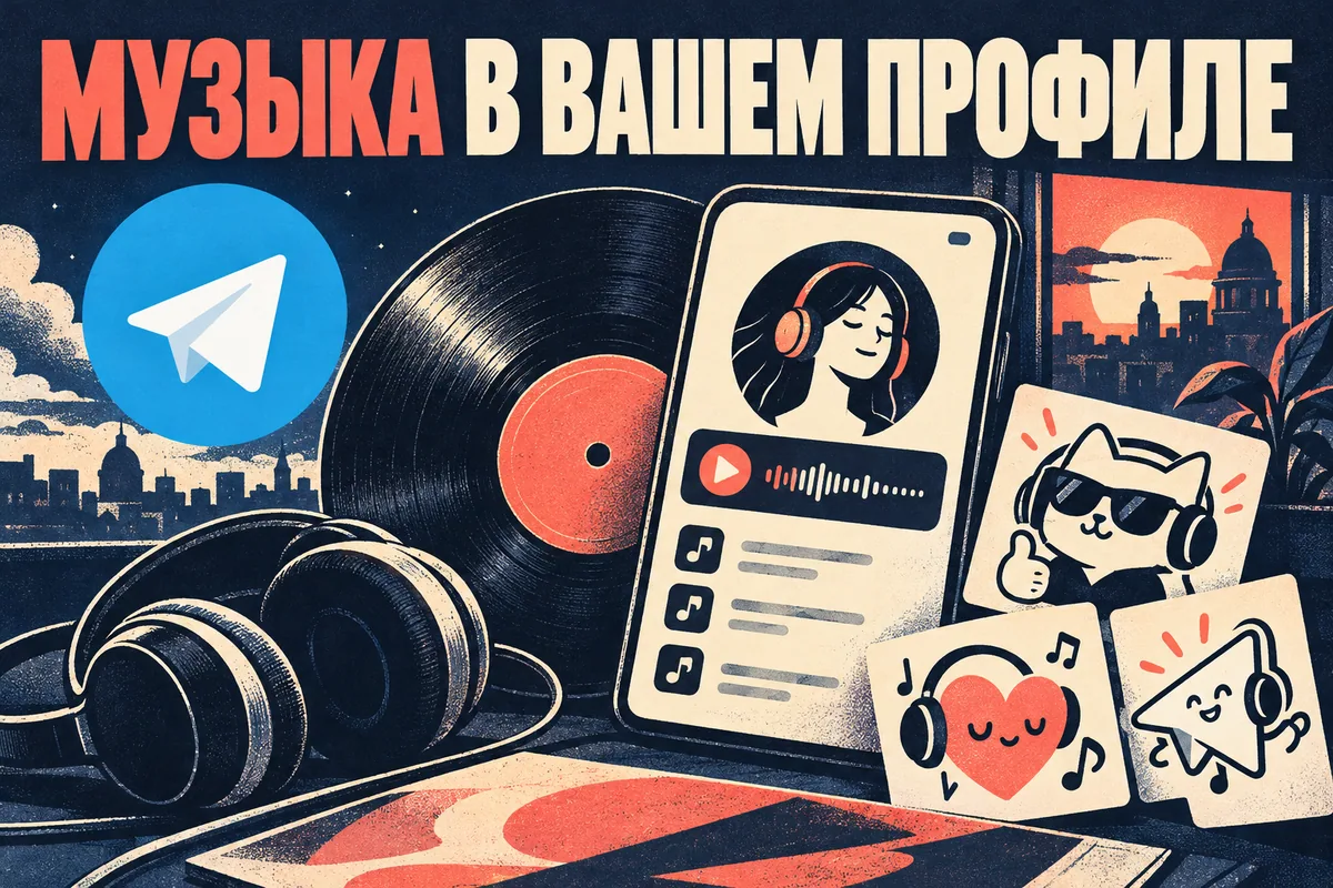Логотип Telegram и надпись «МУЗЫКА В ВАШЕМ ПРОФИЛЕ» на постере новости