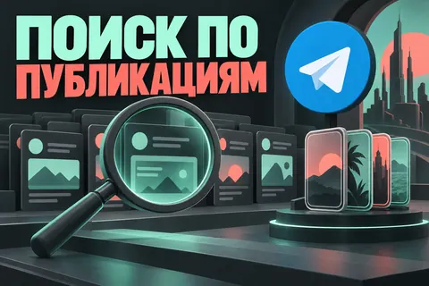 Логотип Telegram и надпись «ПОИСК ПО ПУБЛИКАЦИЯМ» на постере новости
