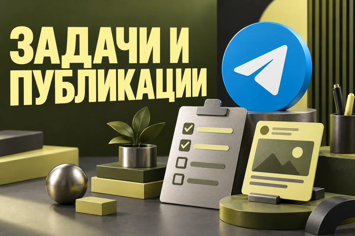 Логотип Telegram и надпись «ЗАДАЧИ И ПУБЛИКАЦИИ» на постере новости