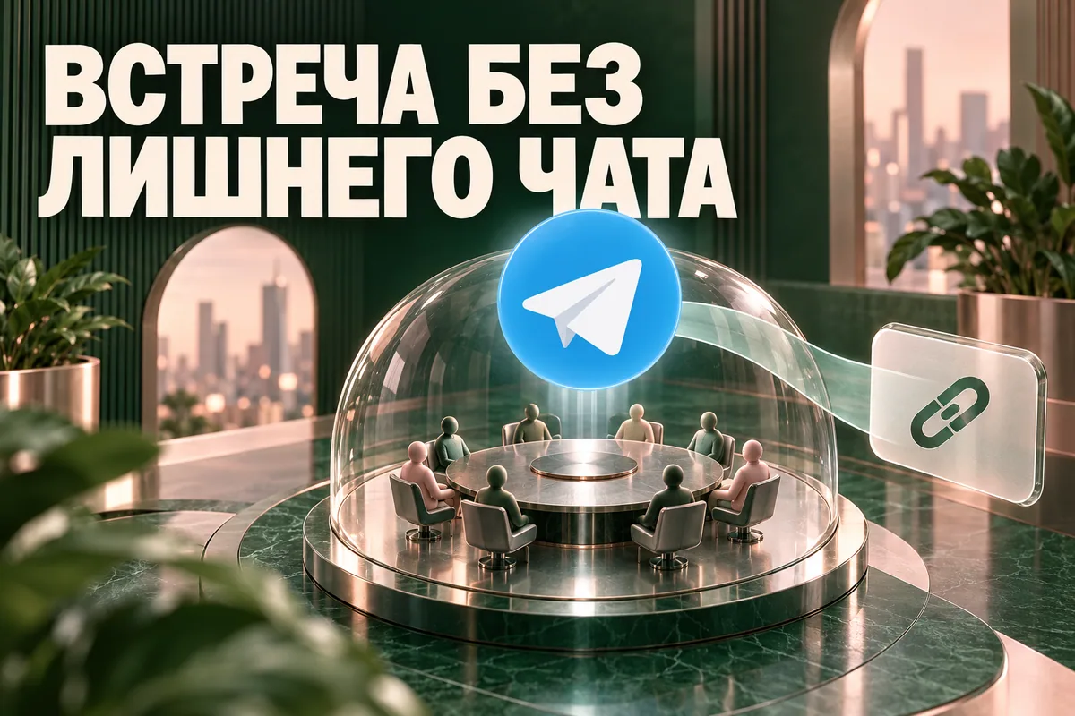 Логотип Telegram и надпись «ВСТРЕЧА БЕЗ ЛИШНЕГО ЧАТА» на постере новости