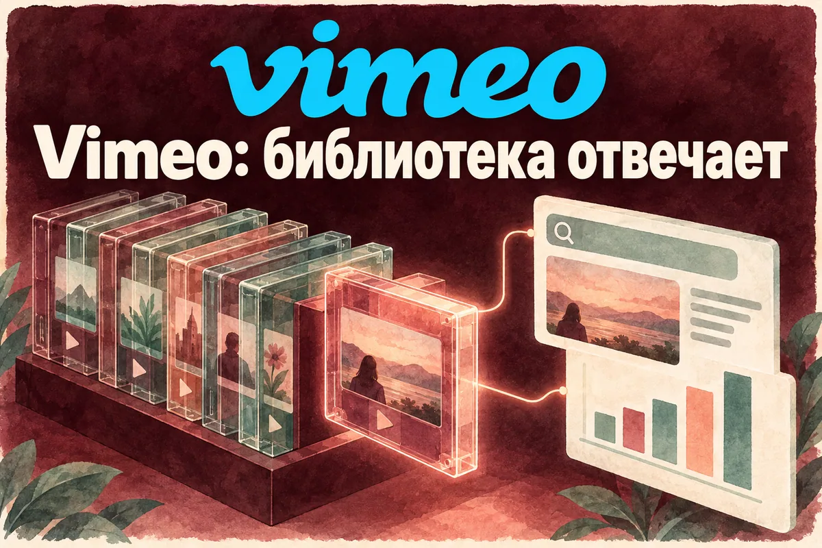 Логотип Vimeo и надпись «Vimeo: библиотека отвечает» на постере новости