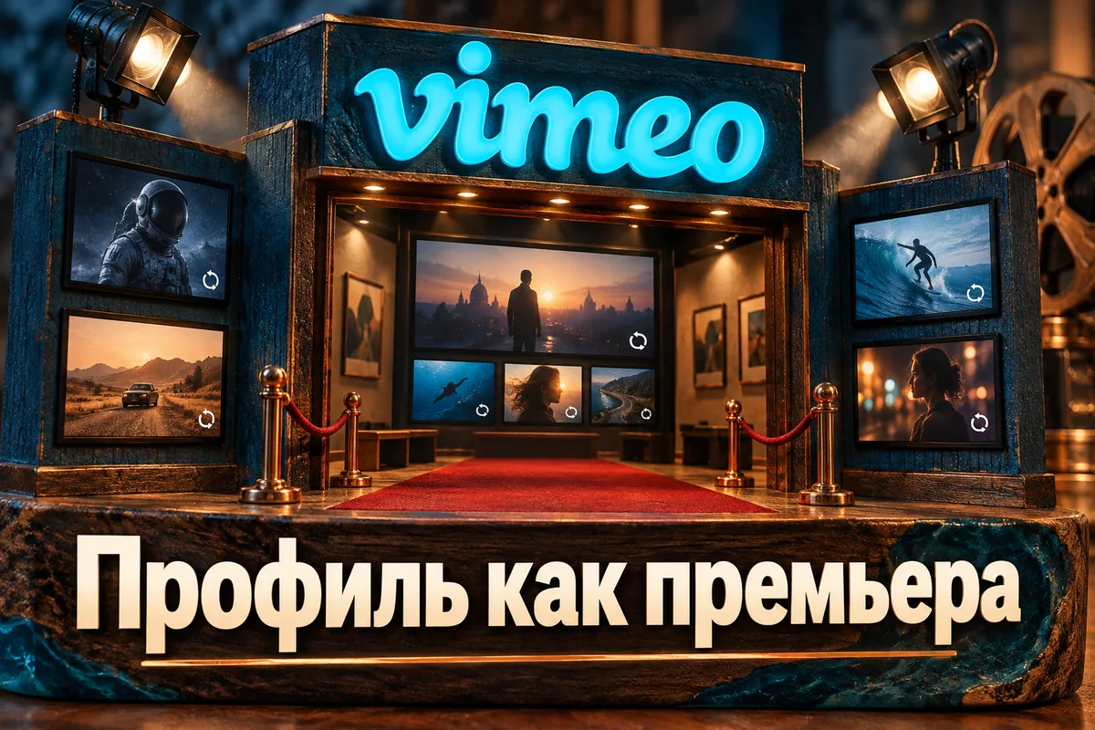Логотип Vimeo и надпись «Профиль как премьера» на постере новости