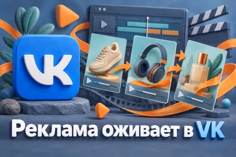 Логотип ВКонтакте и надпись «Реклама оживает в VK» на постере новости