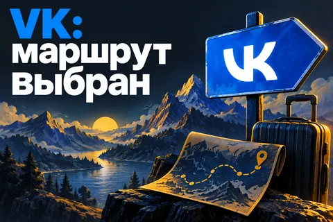 Логотип ВКонтакте и надпись «VK: маршрут выбран» на постере новости