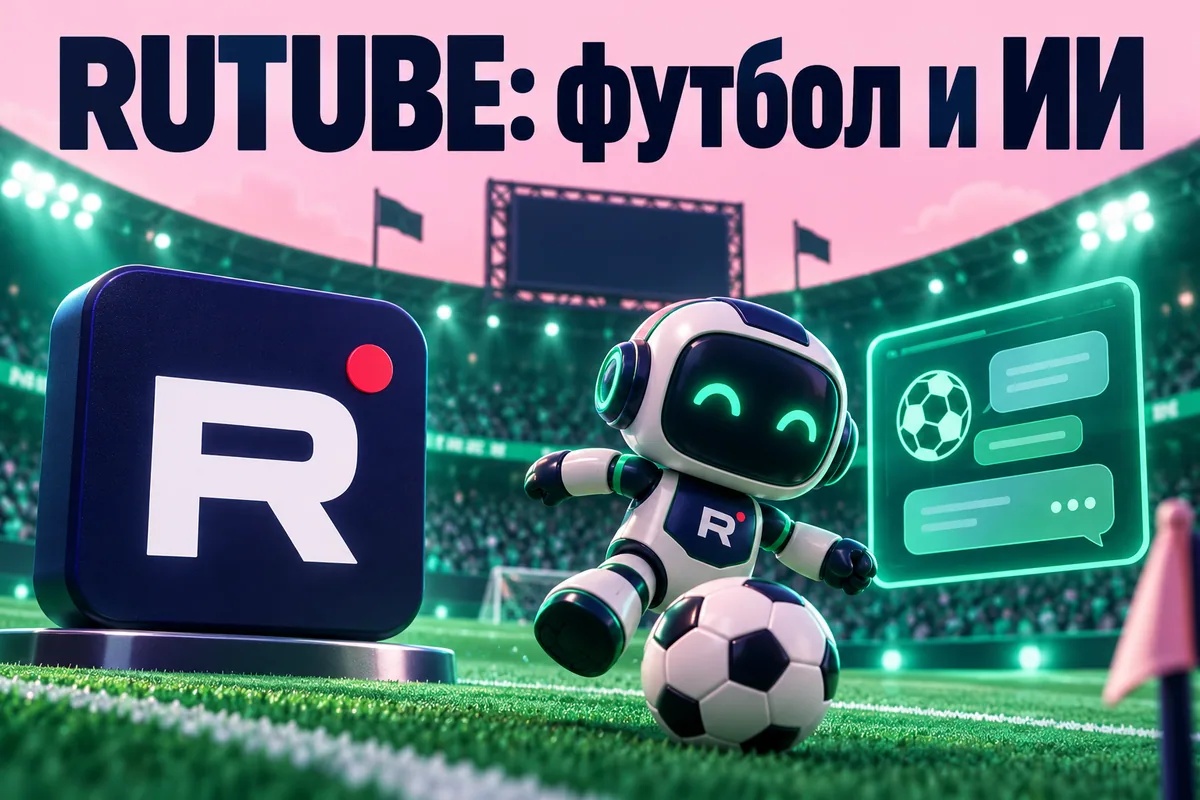 Логотип Rutube и надпись «RUTUBE: футбол и ИИ» на постере новости