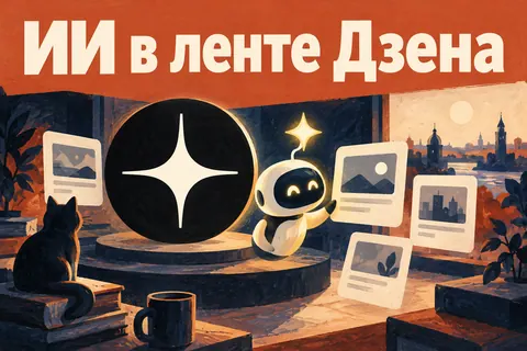 Логотип Дзен и надпись «ИИ в ленте Дзена» на постере новости