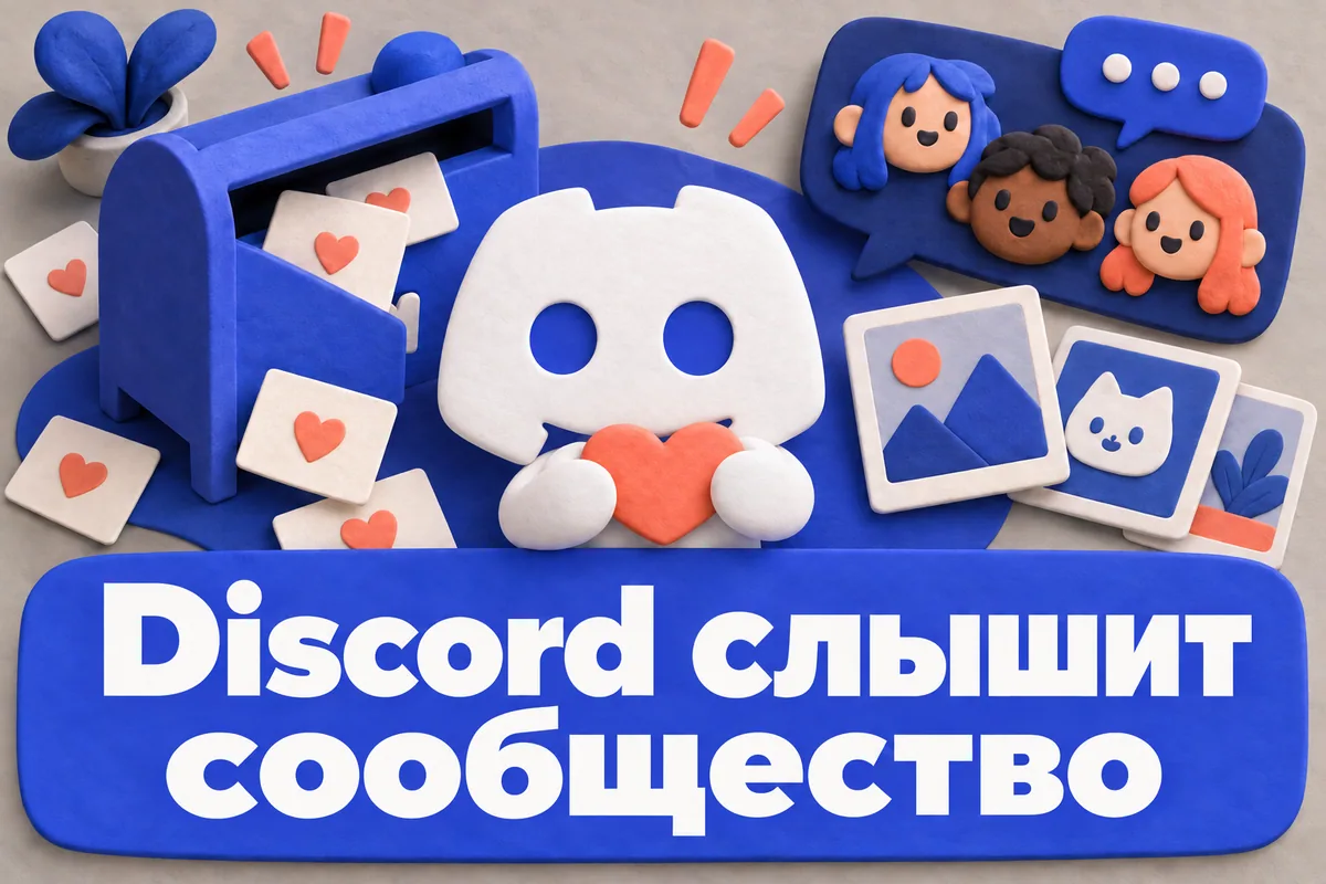Логотип Discord и надпись «Discord слышит сообщество» на постере новости
