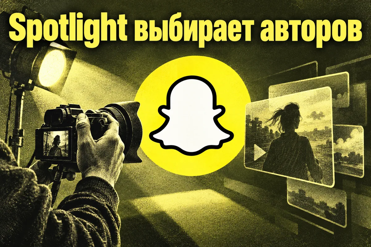 Логотип Snapchat и надпись «Spotlight выбирает авторов» на постере новости
