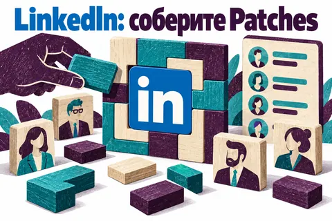 Логотип LinkedIn и надпись «LinkedIn: соберите Patches» на постере новости
