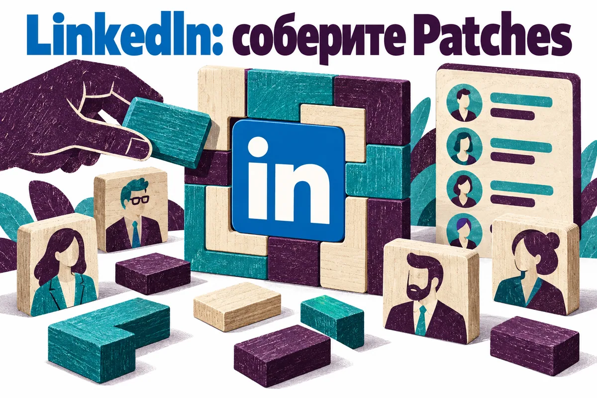 Логотип LinkedIn и надпись «LinkedIn: соберите Patches» на постере новости