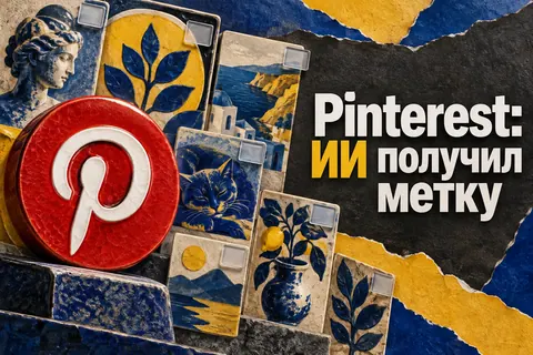 Логотип Pinterest и надпись «Pinterest: ИИ получил метку» на постере новости