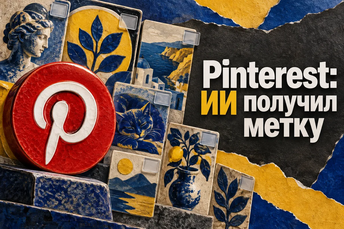 Логотип Pinterest и надпись «Pinterest: ИИ получил метку» на постере новости