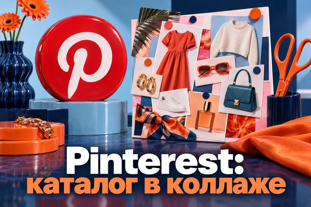 Логотип Pinterest и надпись «Pinterest: каталог в коллаже» на постере новости