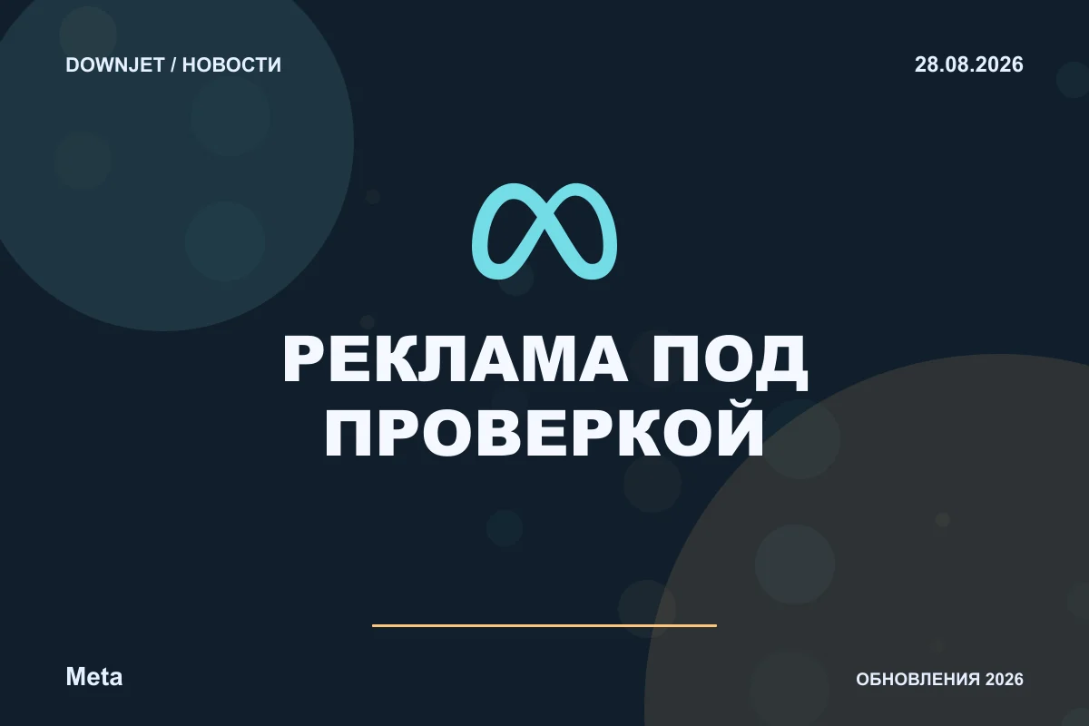 Постер новости с логотипом Meta, Facebook, Instagram и надписью «РЕКЛАМА ПОД ПРОВЕРКОЙ»