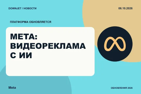 Постер новости с логотипом Meta, Facebook, Instagram и надписью «META: ВИДЕОРЕКЛАМА С ИИ»