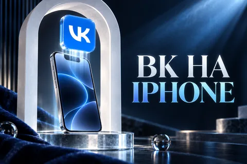 ВК НА IPHONE: авторская иллюстрация с логотипом VK для инструкции DownJet