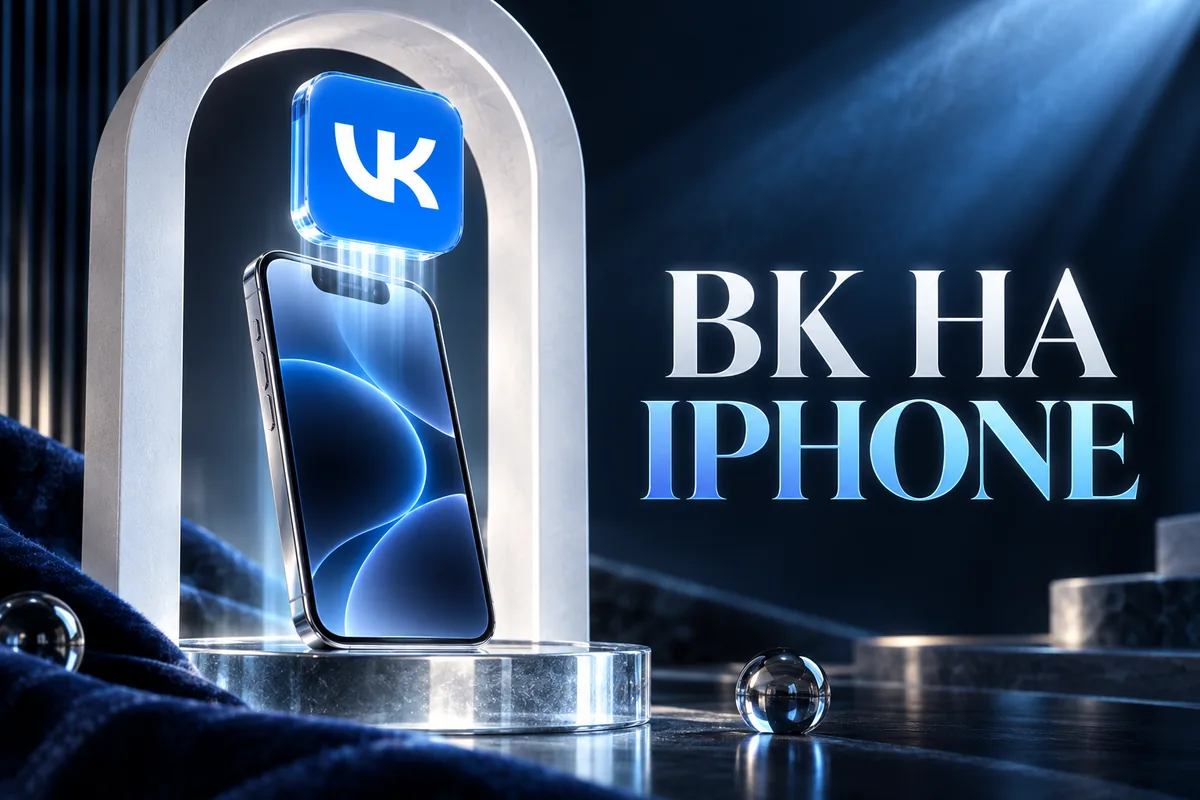 ВК НА IPHONE: авторская иллюстрация с логотипом VK для инструкции DownJet