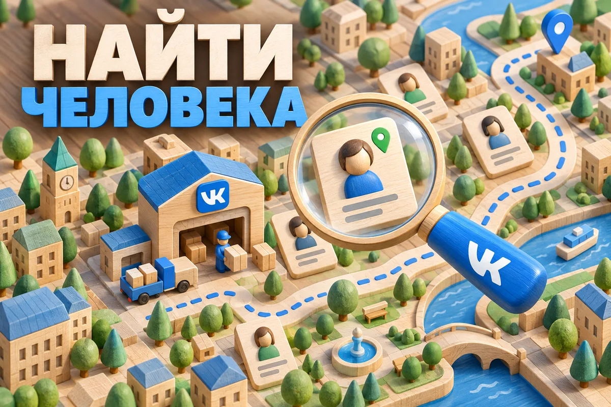 НАЙТИ ЧЕЛОВЕКА: авторская иллюстрация с логотипом VK для инструкции DownJet