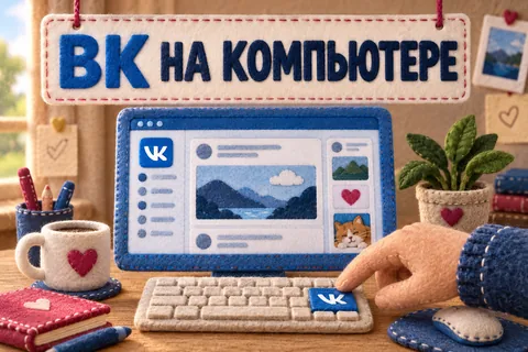 ВК НА КОМПЬЮТЕРЕ: авторская иллюстрация с логотипом VK для инструкции DownJet