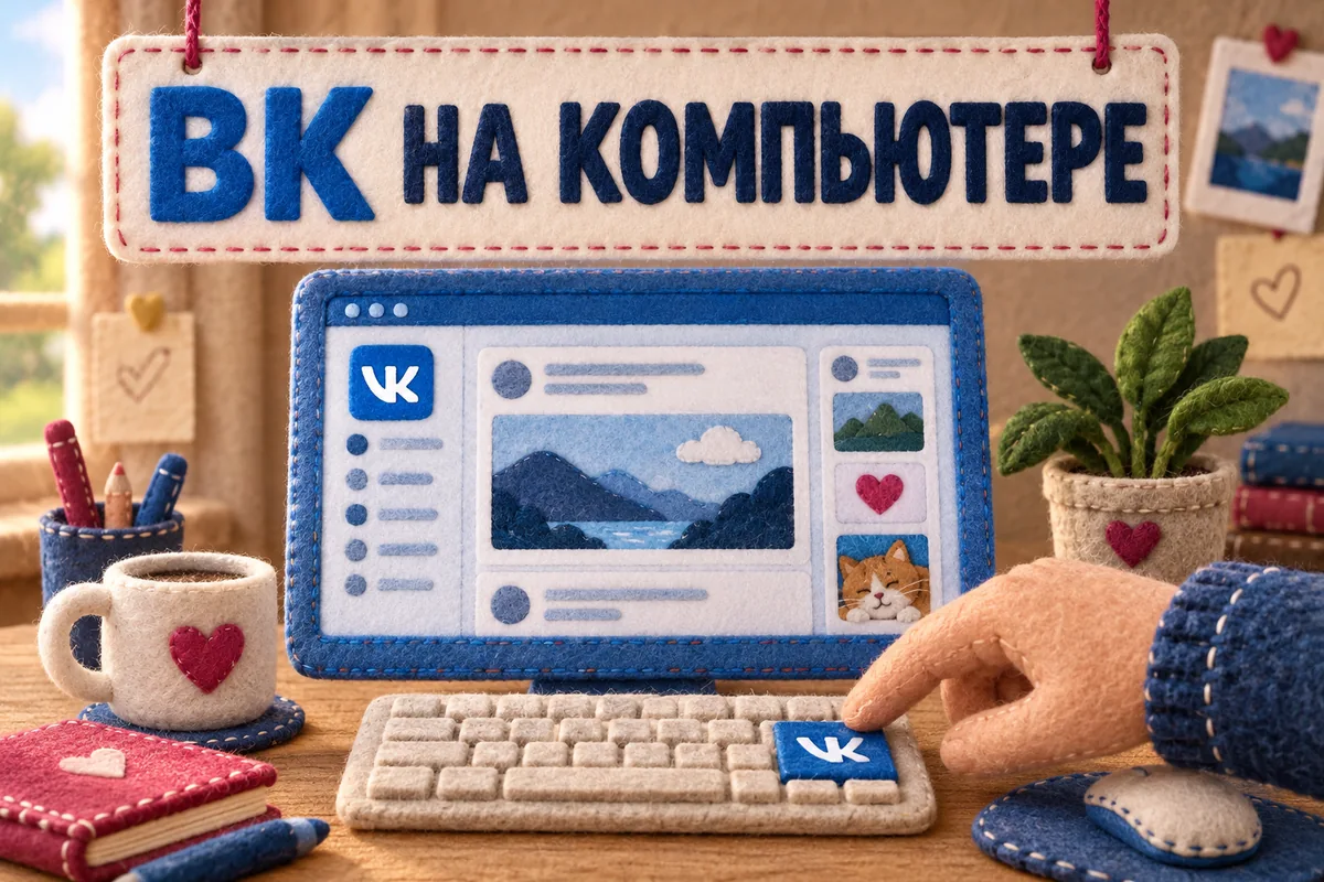 ВК НА КОМПЬЮТЕРЕ: авторская иллюстрация с логотипом VK для инструкции DownJet