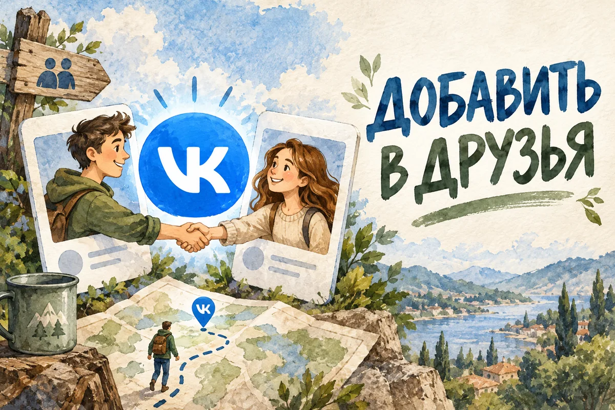 ДОБАВИТЬ В ДРУЗЬЯ: авторская иллюстрация с логотипом VK для инструкции DownJet