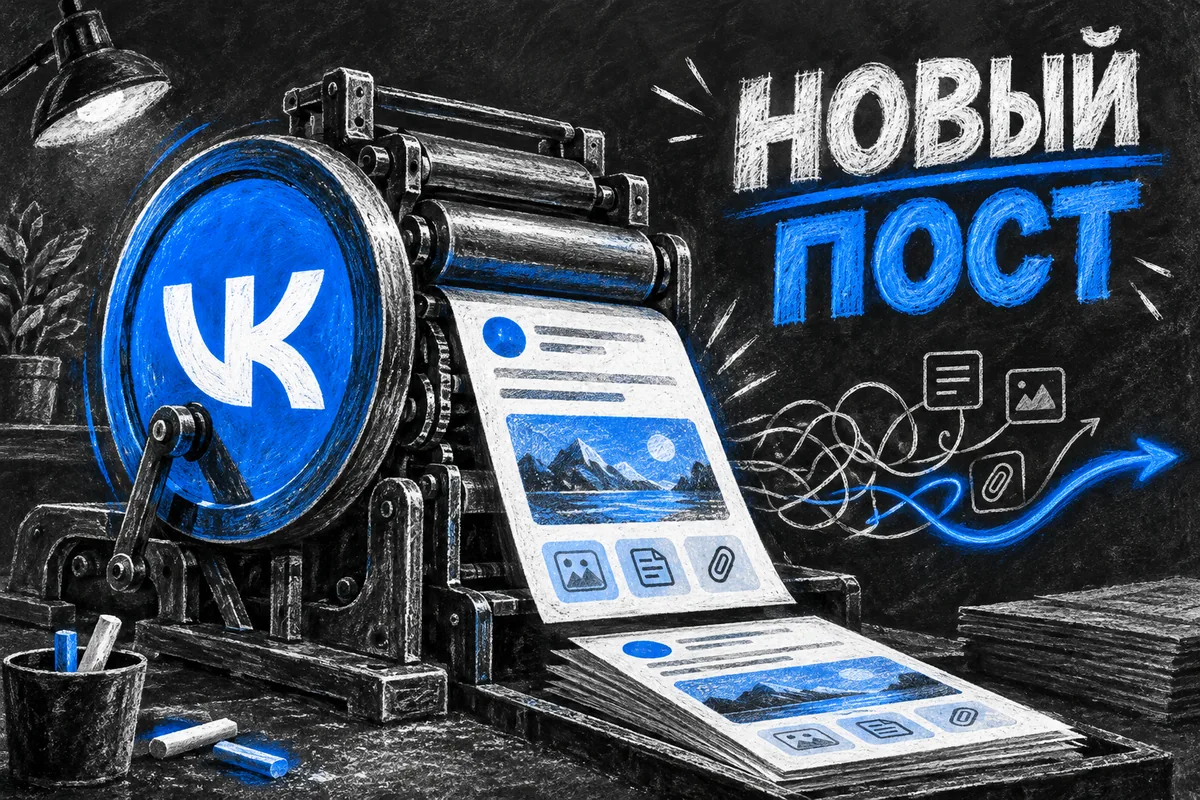НОВЫЙ ПОСТ: иллюстрация с логотипом VK для инструкции «Как создать и опубликовать пост ВК с текстом и вложениями»