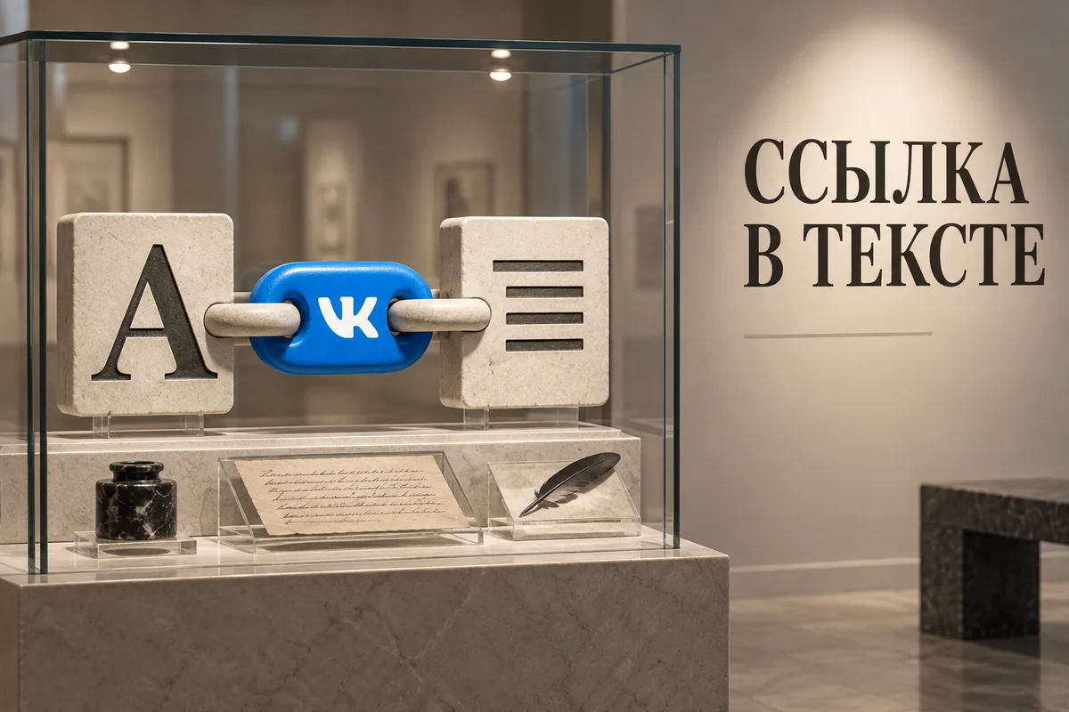 ССЫЛКА В ТЕКСТЕ: иллюстрация с логотипом VK для инструкции «Как сделать текст ссылкой в ВК: адреса, упоминания и оформление»