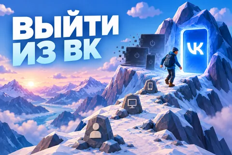 ВЫЙТИ ИЗ ВК: авторская иллюстрация с логотипом VK для инструкции DownJet
