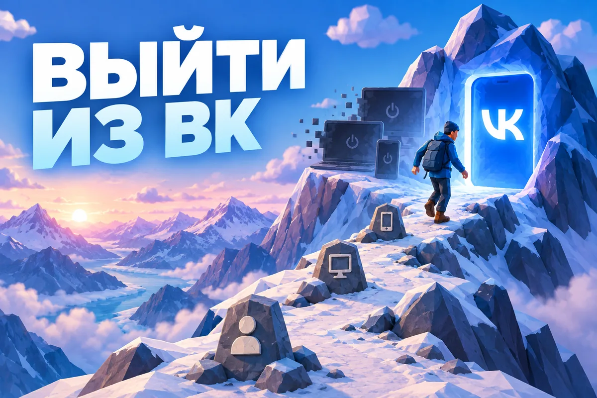 ВЫЙТИ ИЗ ВК: авторская иллюстрация с логотипом VK для инструкции DownJet