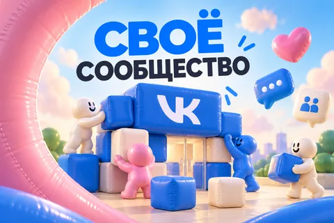 СВОЁ СООБЩЕСТВО: иллюстрация с логотипом VK для инструкции «Как создать сообщество ВК и заполнить основные настройки»