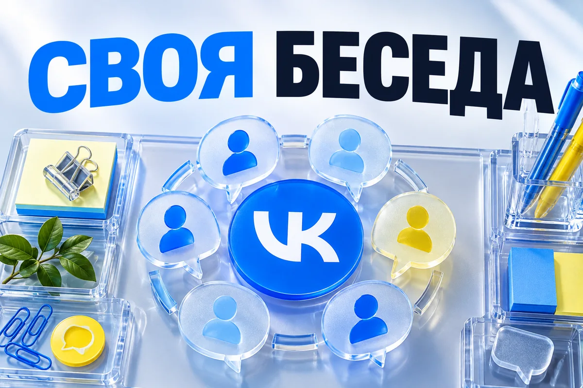 СВОЯ БЕСЕДА: иллюстрация с логотипом VK для инструкции «Как создать беседу ВК и настроить участников»