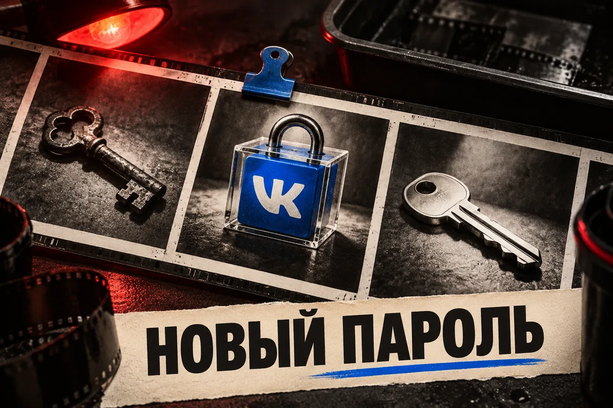 НОВЫЙ ПАРОЛЬ: авторская иллюстрация с логотипом VK для инструкции DownJet