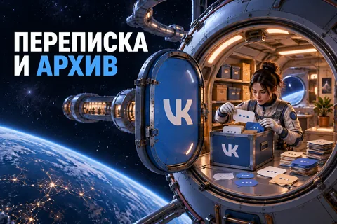 ПЕРЕПИСКА И АРХИВ: авторская иллюстрация с логотипом VK для инструкции DownJet