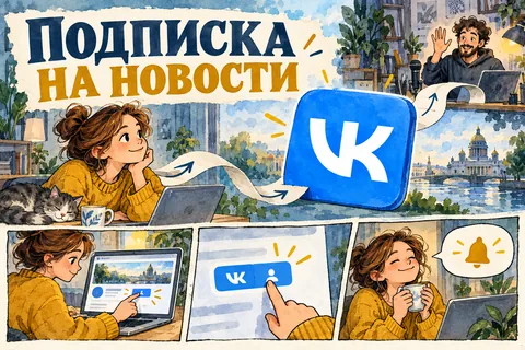 ПОДПИСКА НА НОВОСТИ: авторская иллюстрация с логотипом VK для инструкции DownJet