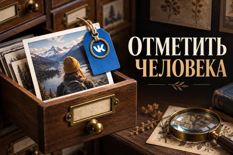 ОТМЕТИТЬ ЧЕЛОВЕКА: авторская иллюстрация с логотипом VK для инструкции DownJet