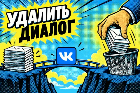 УДАЛИТЬ ДИАЛОГ: авторская иллюстрация с логотипом VK для инструкции DownJet