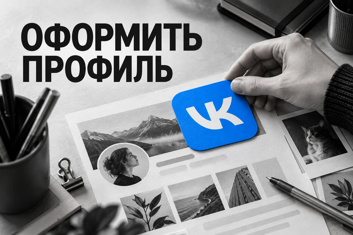 ОФОРМИТЬ ПРОФИЛЬ: иллюстрация с логотипом VK для инструкции «Как оформить личную страницу ВК: фото, обложка и информация о себе»