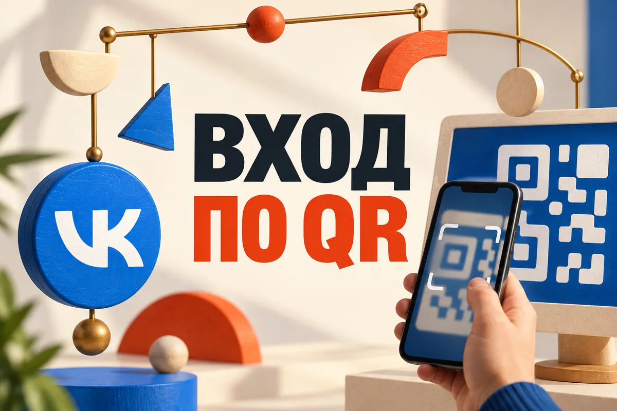 ВХОД ПО QR: иллюстрация с логотипом VK для инструкции «Как войти в ВК по QR-коду с подтверждением на своём телефоне»