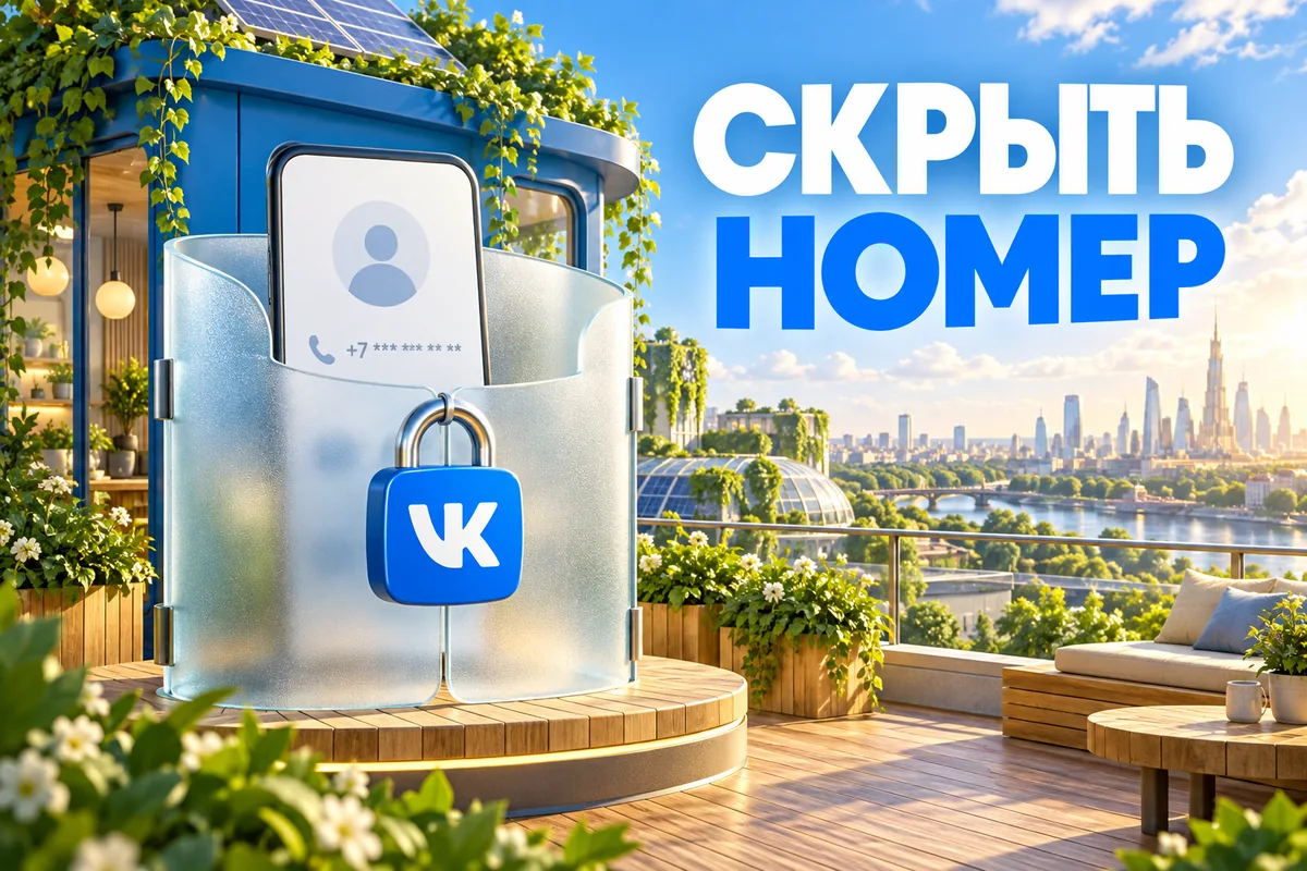 СКРЫТЬ НОМЕР: иллюстрация с логотипом VK для инструкции «Как скрыть номер телефона в ВК и настроить поиск по контактам»