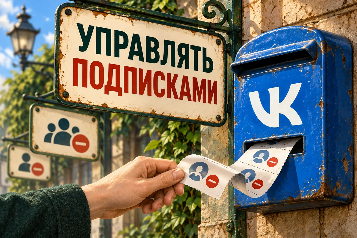 УПРАВЛЯТЬ ПОДПИСКАМИ: иллюстрация с логотипом VK для инструкции «Как отписаться от человека или сообщества ВК»
