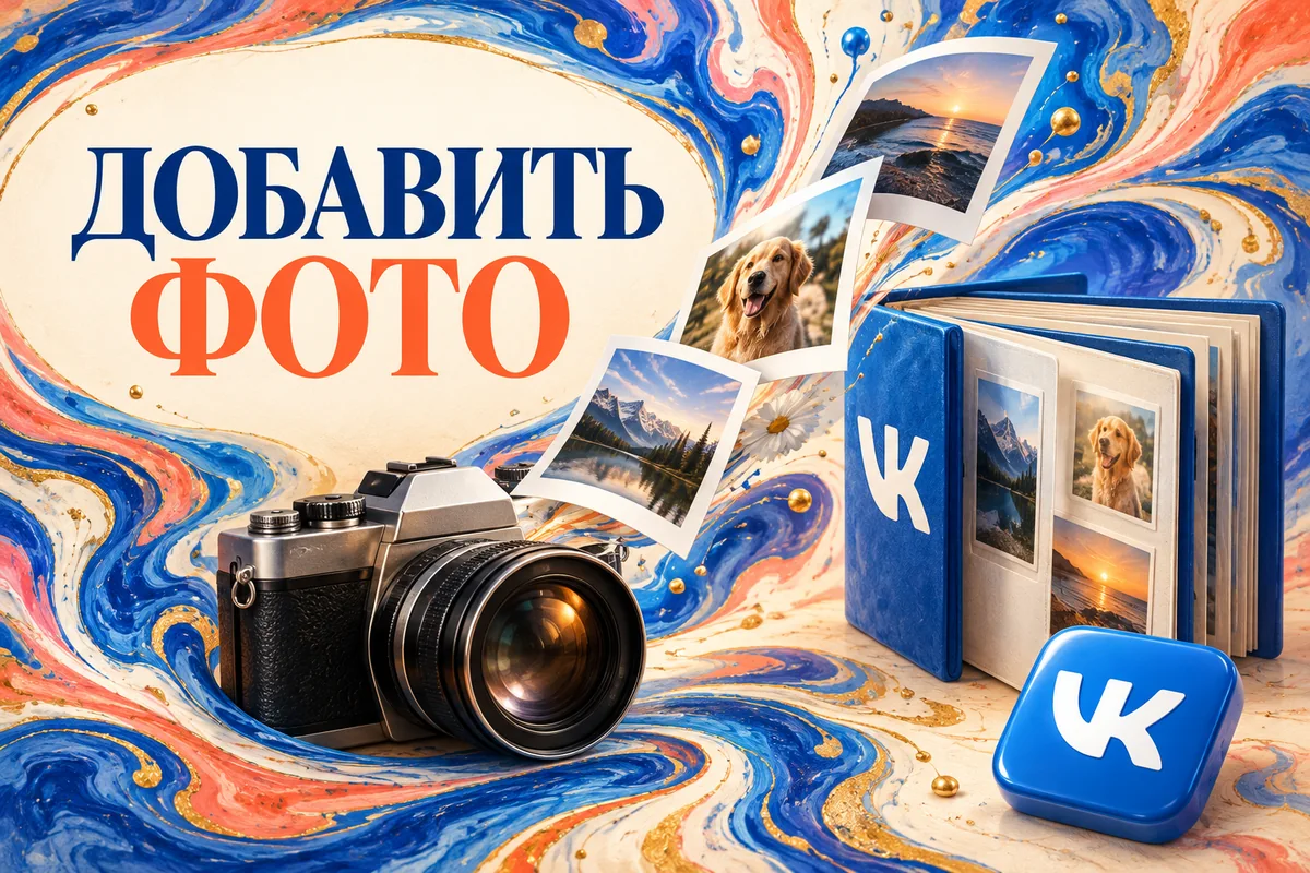 ДОБАВИТЬ ФОТО: иллюстрация с логотипом VK для инструкции «Как добавить фотографии ВК в профиль, альбом и публикацию»