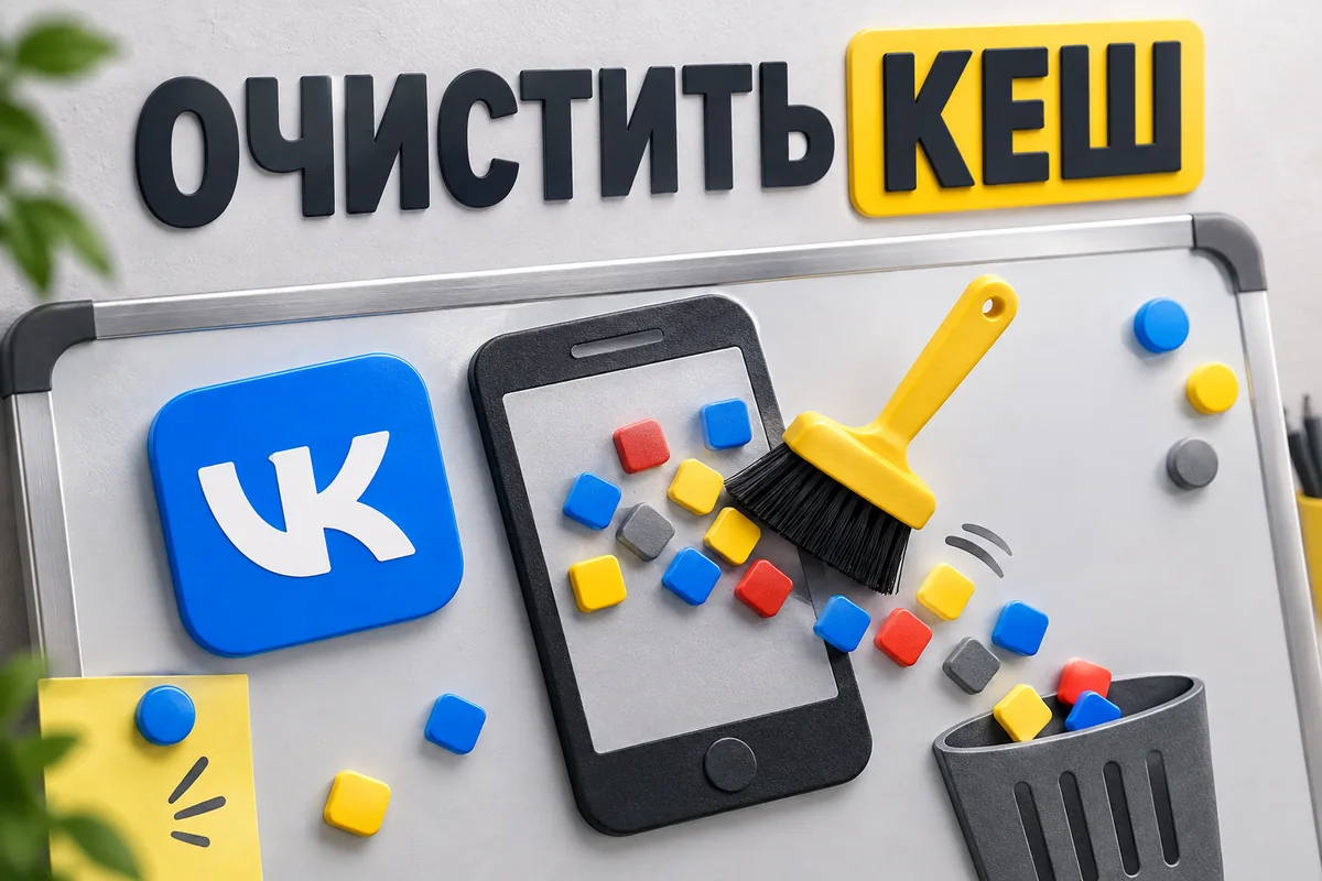 ОЧИСТИТЬ КЕШ: иллюстрация с логотипом VK для инструкции «Как очистить кеш ВК на телефоне и освободить место»