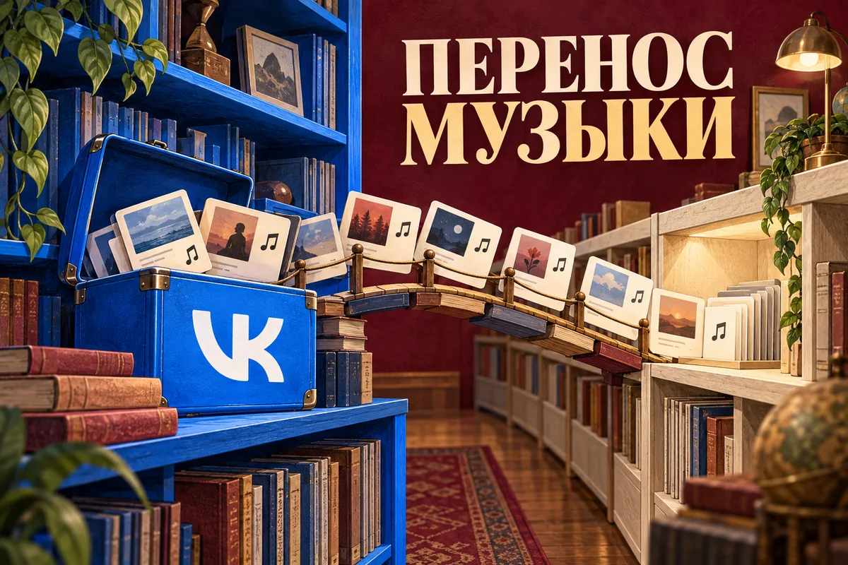 ПЕРЕНОС МУЗЫКИ: иллюстрация с логотипом VK для инструкции «Как перенести свою музыкальную коллекцию из ВК в Яндекс Музыку»