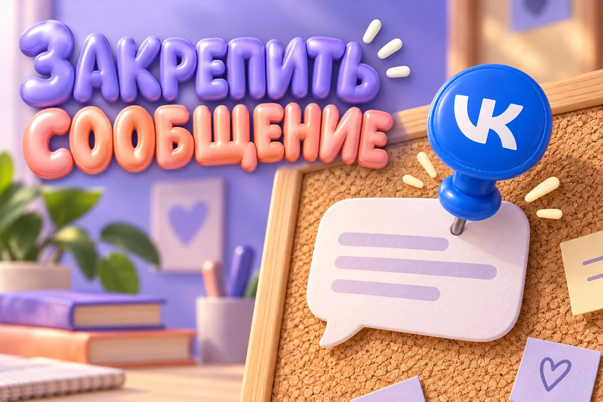 ЗАКРЕПИТЬ СООБЩЕНИЕ: иллюстрация с логотипом VK для инструкции «Как закрепить сообщение в беседе ВК и найти важную информацию»